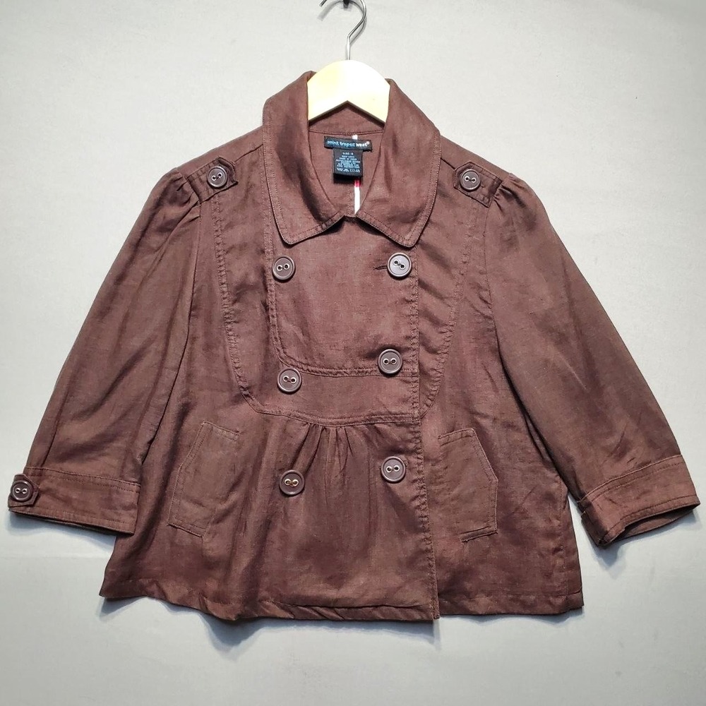 Saint Tropez West 100% Linen Peacoat Jacket Women S Brown Double Breasted Spring